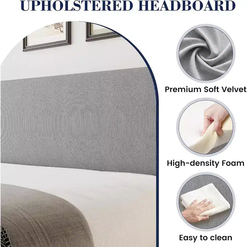 Estructura de cama con cabecero y laterales, de terciopelo beige con rayas verticales, 2 bolsillos de almacenamiento y soporte de láminas de madera resistente