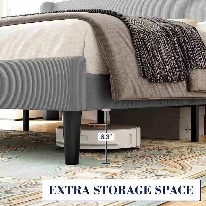 Estructura de cama con cabecero y laterales, de terciopelo beige con rayas verticales, 2 bolsillos de almacenamiento y soporte de láminas de madera resistente