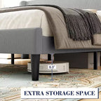 Estructura de cama con cabecero y laterales, de terciopelo beige con rayas verticales, 2 bolsillos de almacenamiento y soporte de láminas de madera resistente