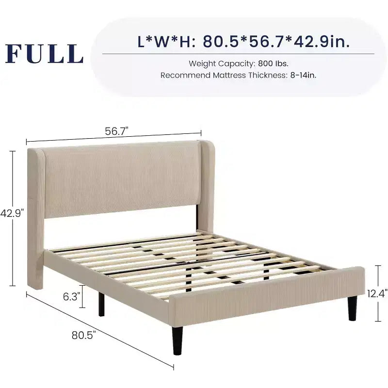 Estructura de cama con cabecero y laterales, de terciopelo beige con rayas verticales, 2 bolsillos de almacenamiento y soporte de láminas de madera resistente