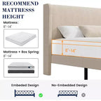 Estructura de cama con cabecero y laterales, de terciopelo beige con rayas verticales, 2 bolsillos de almacenamiento y soporte de láminas de madera resistente