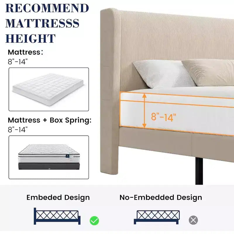 Estructura de cama con cabecero y laterales, de terciopelo beige con rayas verticales, 2 bolsillos de almacenamiento y soporte de láminas de madera resistente