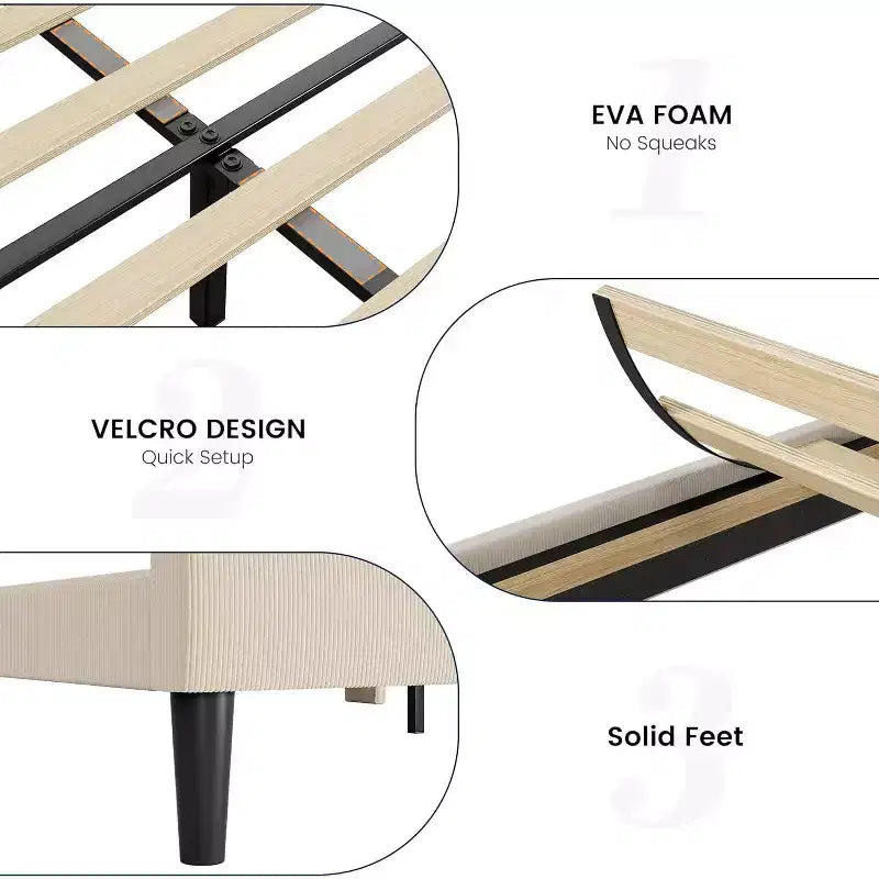 Estructura de cama con cabecero y laterales, de terciopelo beige con rayas verticales, 2 bolsillos de almacenamiento y soporte de láminas de madera resistente