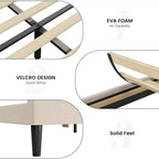 Estructura de cama con cabecero y laterales, de terciopelo beige con rayas verticales, 2 bolsillos de almacenamiento y soporte de láminas de madera resistente