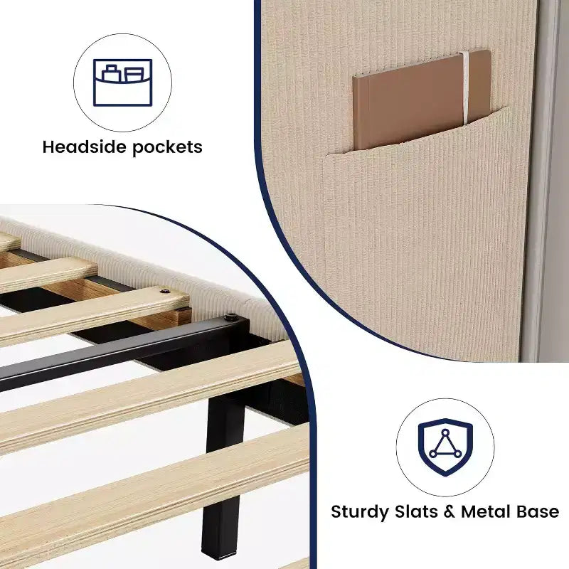 Estructura de cama con cabecero y laterales, de terciopelo beige con rayas verticales, 2 bolsillos de almacenamiento y soporte de láminas de madera resistente