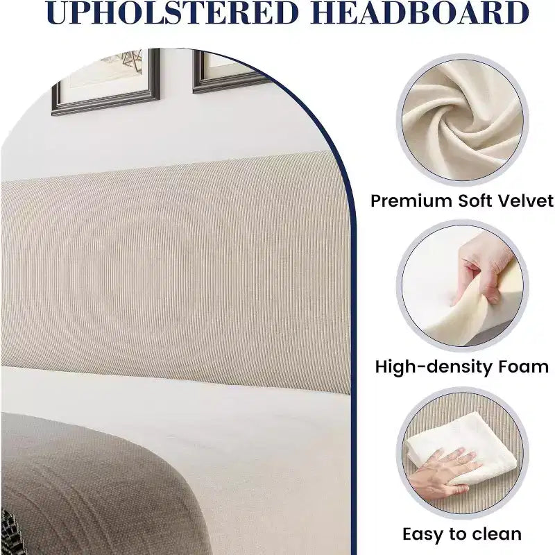 Estructura de cama con cabecero y laterales, de terciopelo beige con rayas verticales, 2 bolsillos de almacenamiento y soporte de láminas de madera resistente