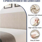 Estructura de cama con cabecero y laterales, de terciopelo beige con rayas verticales, 2 bolsillos de almacenamiento y soporte de láminas de madera resistente
