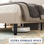 Estructura de cama con cabecero y laterales, de terciopelo beige con rayas verticales, 2 bolsillos de almacenamiento y soporte de láminas de madera resistente