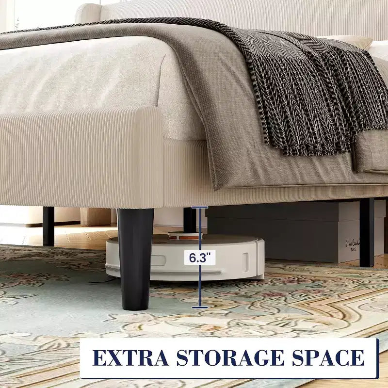Estructura de cama con cabecero y laterales, de terciopelo beige con rayas verticales, 2 bolsillos de almacenamiento y soporte de láminas de madera resistente
