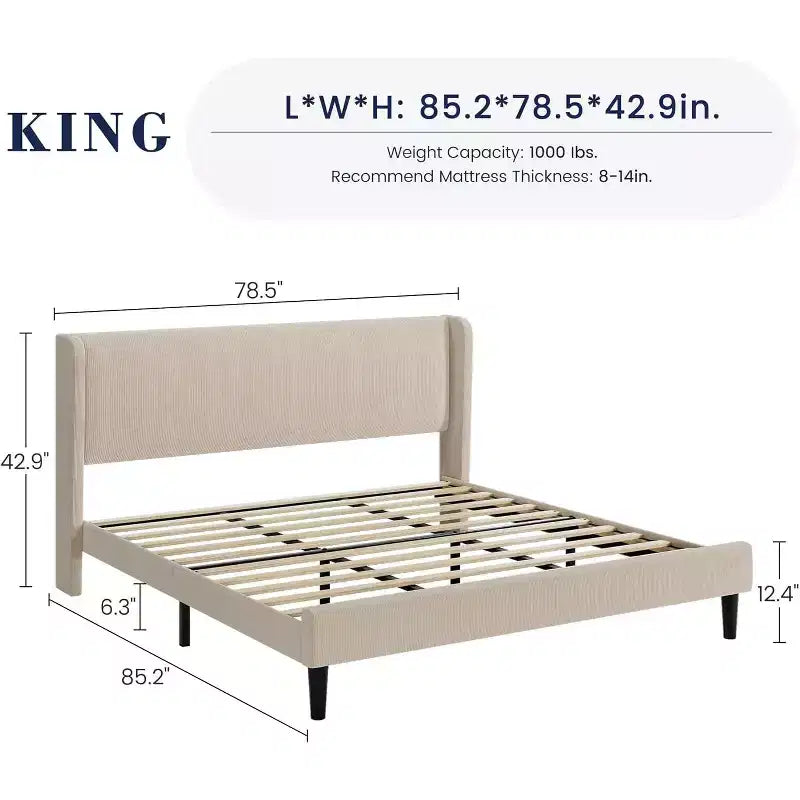 Estructura de cama con cabecero y laterales, de terciopelo beige con rayas verticales, 2 bolsillos de almacenamiento y soporte de láminas de madera resistente