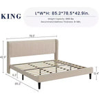 Estructura de cama con cabecero y laterales, de terciopelo beige con rayas verticales, 2 bolsillos de almacenamiento y soporte de láminas de madera resistente