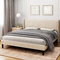 Estructura de cama con cabecero y laterales, de terciopelo beige con rayas verticales, 2 bolsillos de almacenamiento y soporte de láminas de madera resistente