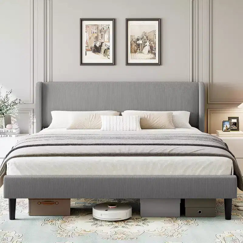 Estructura de cama con cabecero y laterales, de terciopelo beige con rayas verticales, 2 bolsillos de almacenamiento y soporte de láminas de madera resistente