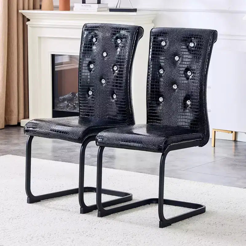 Juego de 2 sillas de comedor retro tapizadas en piel de cocodrilo con patas de metal negro