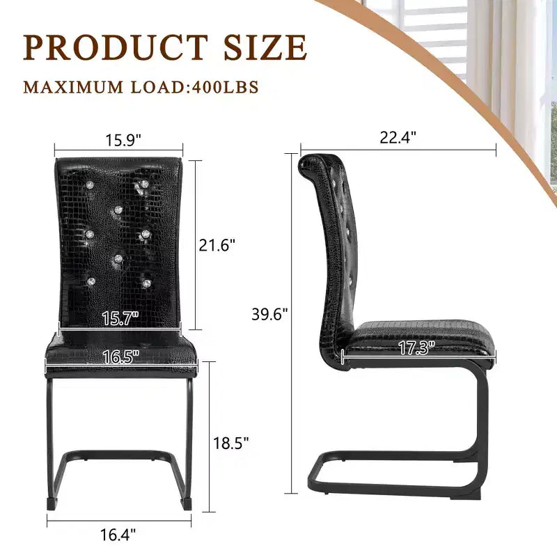 Juego de 2 sillas de comedor retro tapizadas en piel de cocodrilo con patas de metal negro