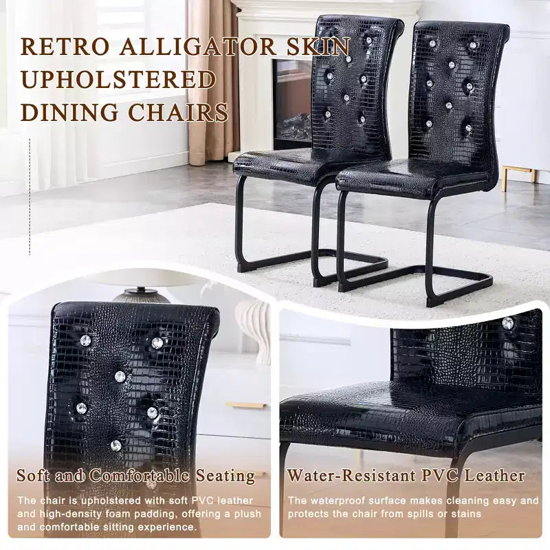 Juego de 2 sillas de comedor retro tapizadas en piel de cocodrilo con patas de metal negro