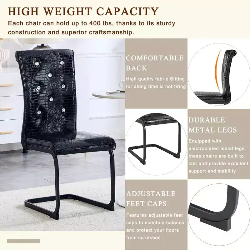 Juego de 2 sillas de comedor retro tapizadas en piel de cocodrilo con patas de metal negro
