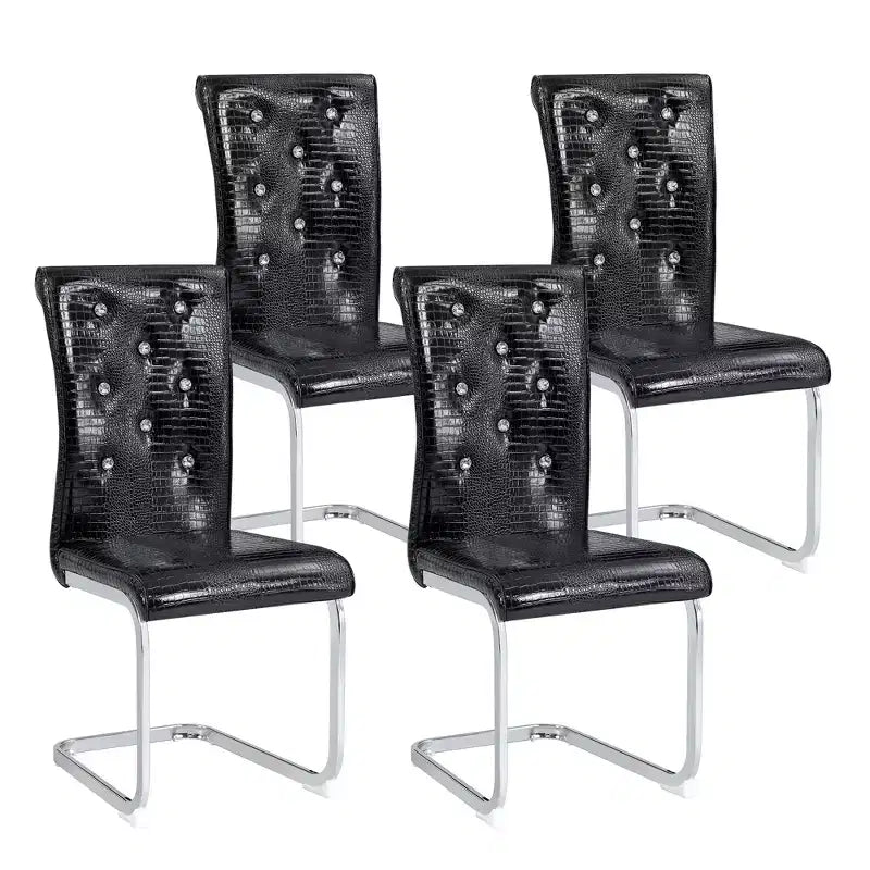 Juego de 4 sillas de comedor retro tapizadas con patrón de piel de cocodrilo y detalles de hebilla de cristal, patas de metal galvanizado