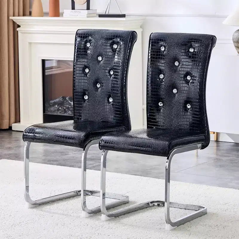 Juego de 4 sillas de comedor retro tapizadas con patrón de piel de cocodrilo y detalles de hebilla de cristal, patas de metal galvanizado