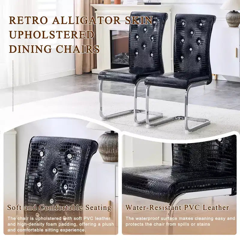 Juego de 4 sillas de comedor retro tapizadas con patrón de piel de cocodrilo y detalles de hebilla de cristal, patas de metal galvanizado