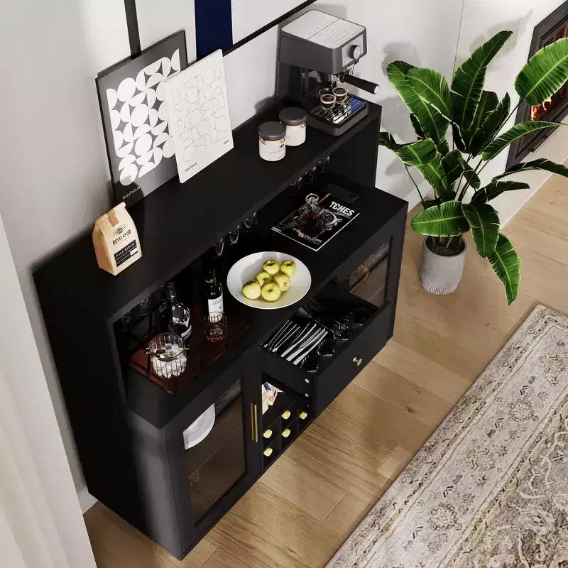 Mueble Bar Premium de 2 Niveles con Puertas de Cristal y Cajones de Almacenamiento - Versátil Mueble Bar para Cocina, Comedor, Oficina, Sala de Juegos