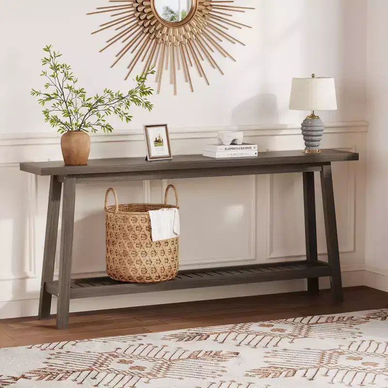 Mesa de entrada de madera de 71 pulgadas con almacenamiento, mesa consola estrecha de 2 niveles estilo rústico, para sala de estar, pasillo, entrada, detrás del sofá, fácil montaje