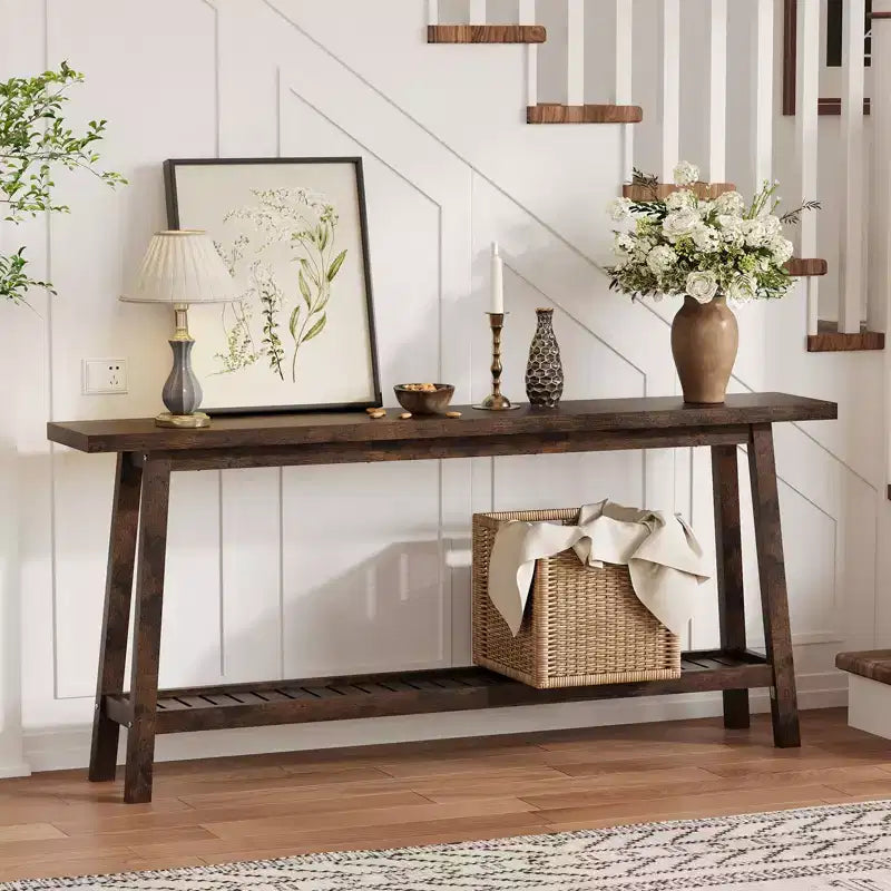 Mesa de entrada de madera de 71 pulgadas con almacenamiento, mesa consola estrecha de 2 niveles estilo rústico, para sala de estar, pasillo, entrada, detrás del sofá, fácil montaje