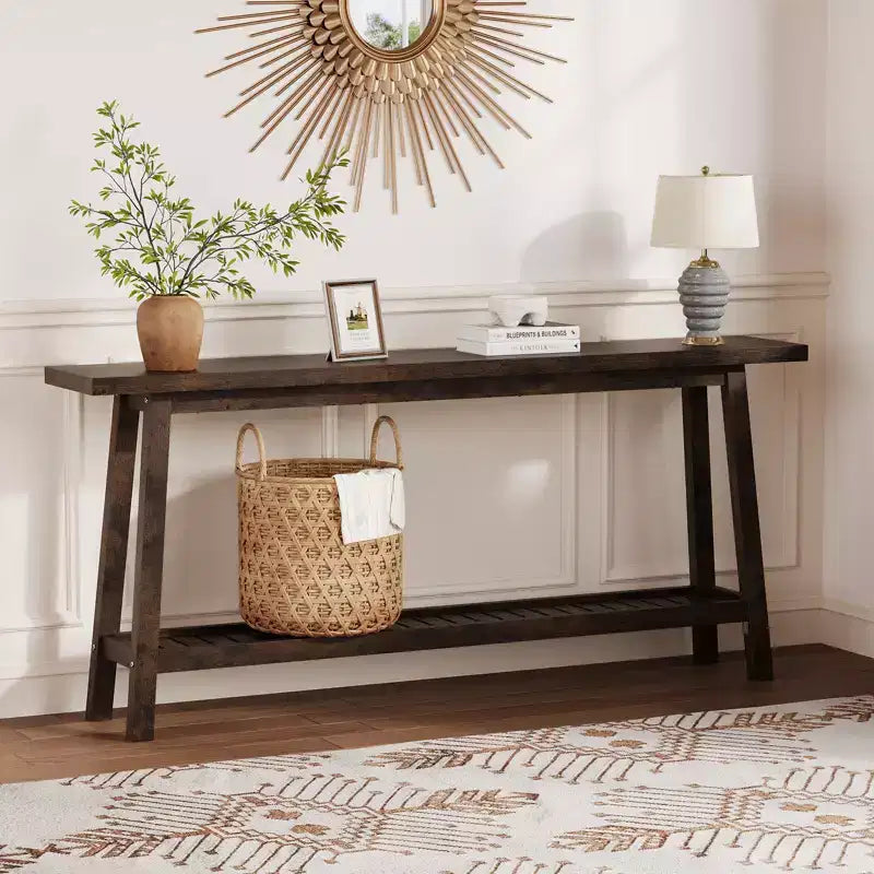 Mesa de entrada de madera de 71 pulgadas con almacenamiento, mesa consola estrecha de 2 niveles estilo rústico, para sala de estar, pasillo, entrada, detrás del sofá, fácil montaje