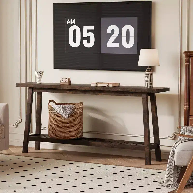 Mesa de entrada de madera de 71 pulgadas con almacenamiento, mesa consola estrecha de 2 niveles estilo rústico, para sala de estar, pasillo, entrada, detrás del sofá, fácil montaje