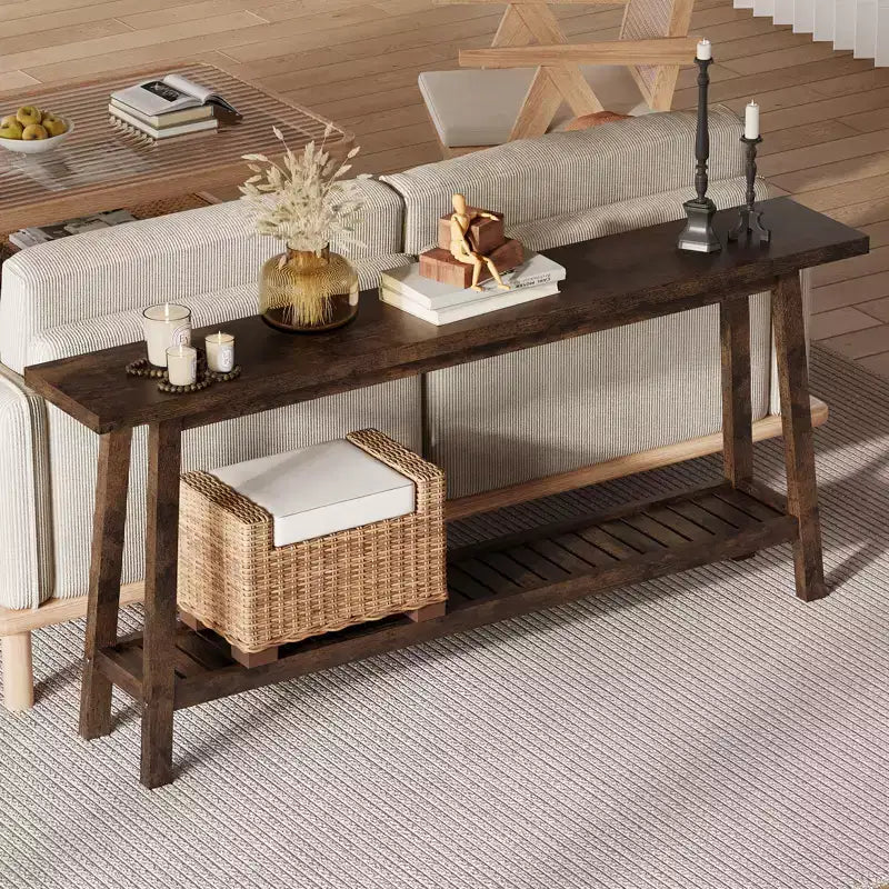 Mesa de entrada de madera de 71 pulgadas con almacenamiento, mesa consola estrecha de 2 niveles estilo rústico, para sala de estar, pasillo, entrada, detrás del sofá, fácil montaje