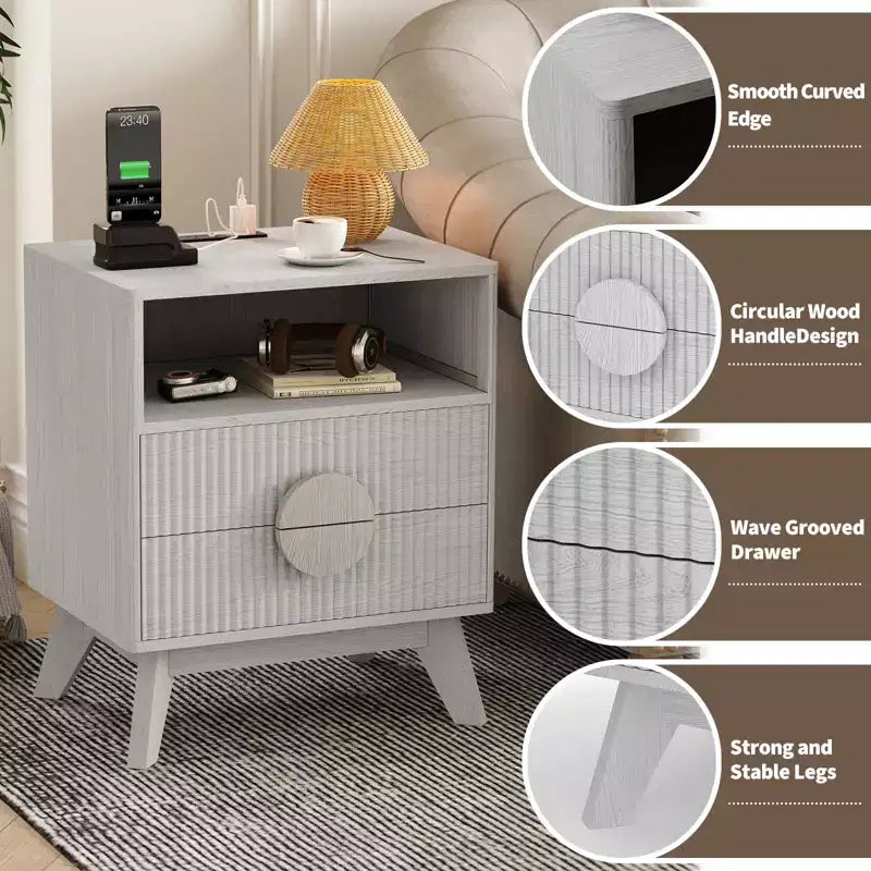 Mesita de noche estriada moderna, Mesita de noche de madera, Mesa auxiliar, Cajones y estante de almacenamiento para sala de estar y dormitorio