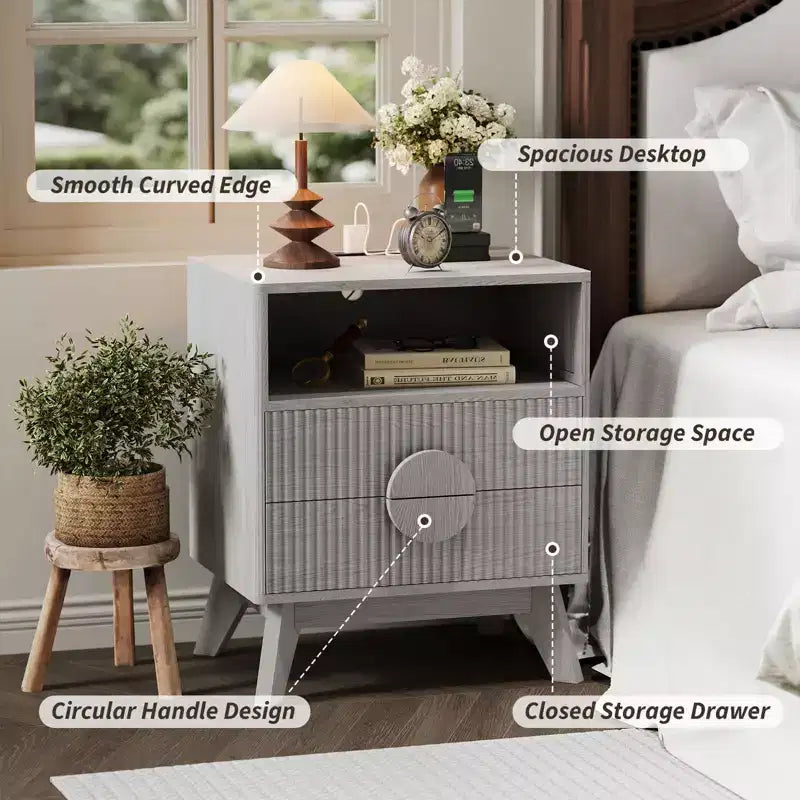 Mesita de noche estriada moderna, Mesita de noche de madera, Mesa auxiliar, Cajones y estante de almacenamiento para sala de estar y dormitorio