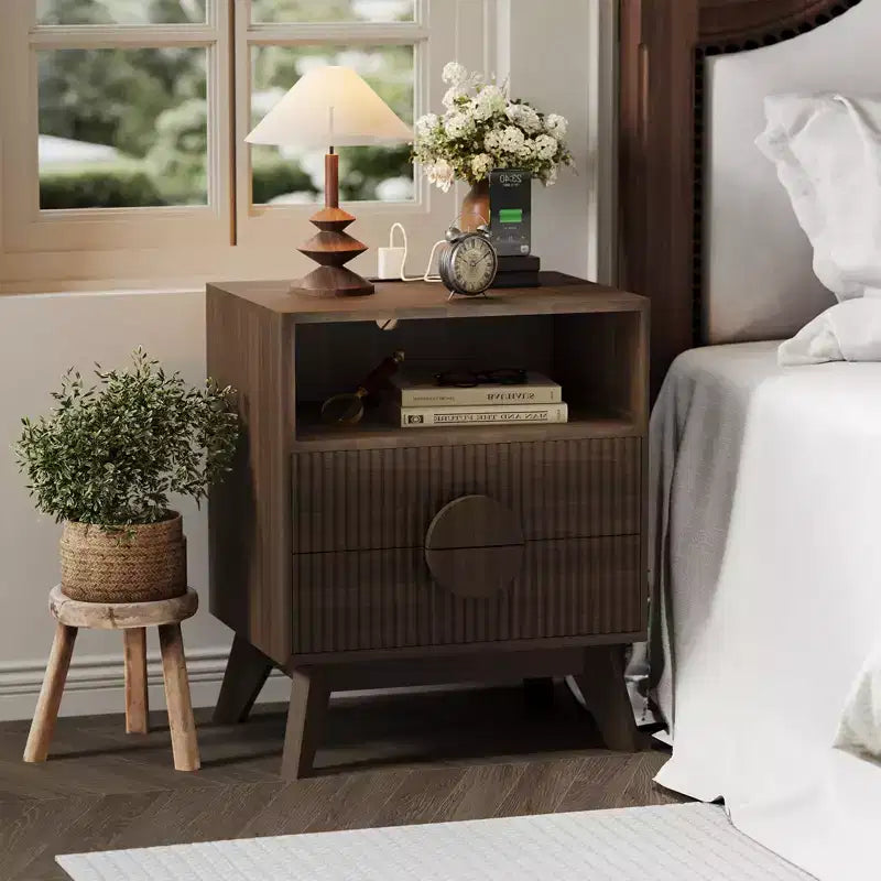 Mesita de noche estriada moderna, Mesita de noche de madera, Mesa auxiliar, Cajones y estante de almacenamiento para sala de estar y dormitorio