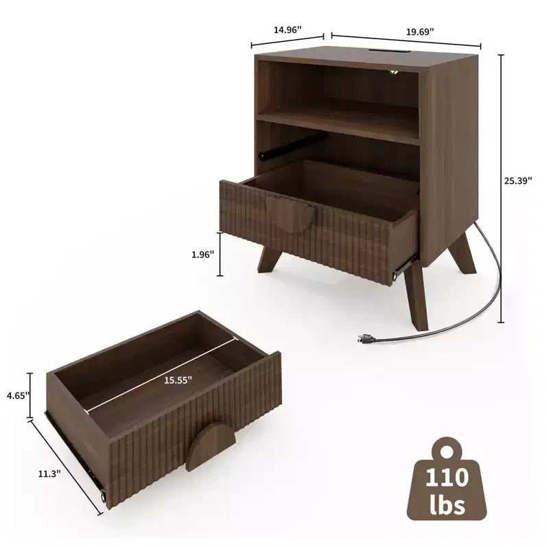 Mesita de noche estriada moderna, Mesita de noche de madera, Mesa auxiliar, Cajones y estante de almacenamiento para sala de estar y dormitorio