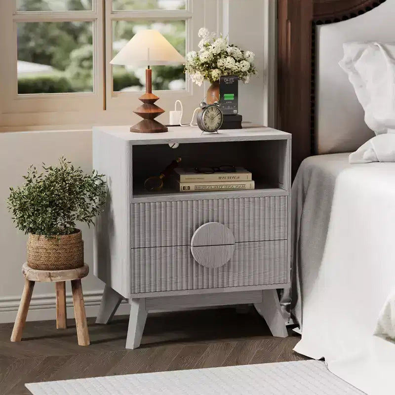 Mesita de noche estriada moderna, Mesita de noche de madera, Mesa auxiliar, Cajones y estante de almacenamiento para sala de estar y dormitorio