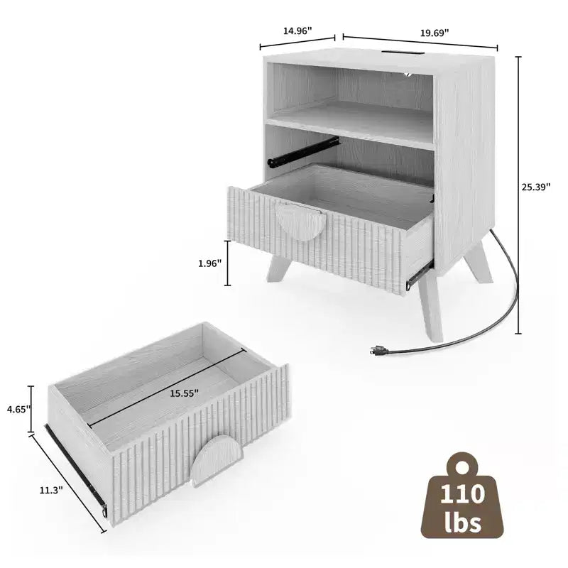 Mesita de noche estriada moderna, Mesita de noche de madera, Mesa auxiliar, Cajones y estante de almacenamiento para sala de estar y dormitorio
