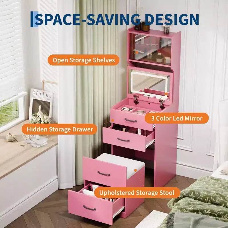 Tocador 3 en 1 con espejo abatible e iluminación, tocador compacto con taburete de almacenamiento oculto, mesa de tocador pequeña para dormitorio, negro
