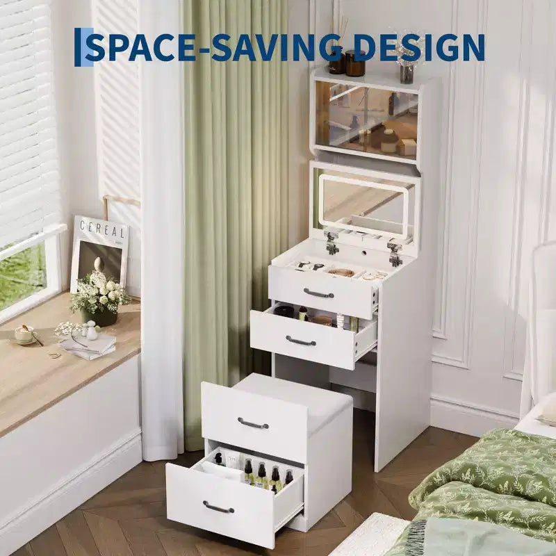Tocador 3 en 1 con espejo abatible e iluminación, tocador compacto con taburete de almacenamiento oculto, mesa de tocador pequeña para dormitorio, negro