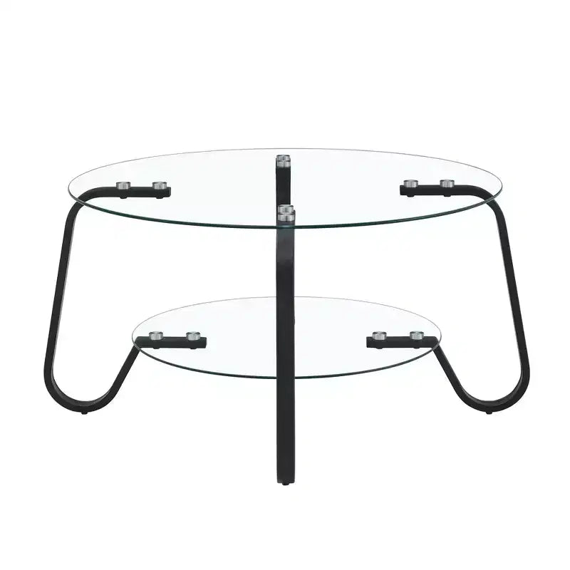 Mesa de centro retro minimalista con estructura de metal y doble capa de vidrio templado, tamaño 31.5x31.5x17.7 pulgadas