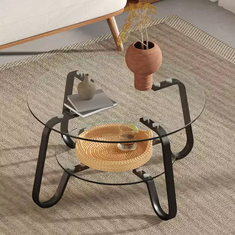 Mesa de centro retro minimalista con estructura de metal y doble capa de vidrio templado, tamaño 31.5x31.5x17.7 pulgadas
