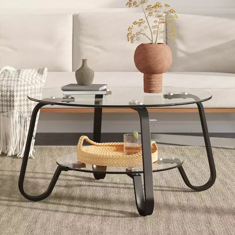 Mesa de centro retro minimalista con estructura de metal y doble capa de vidrio templado, tamaño 31.5x31.5x17.7 pulgadas