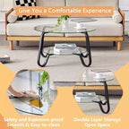 Mesa de centro retro minimalista con estructura de metal y doble capa de vidrio templado, tamaño 31.5x31.5x17.7 pulgadas