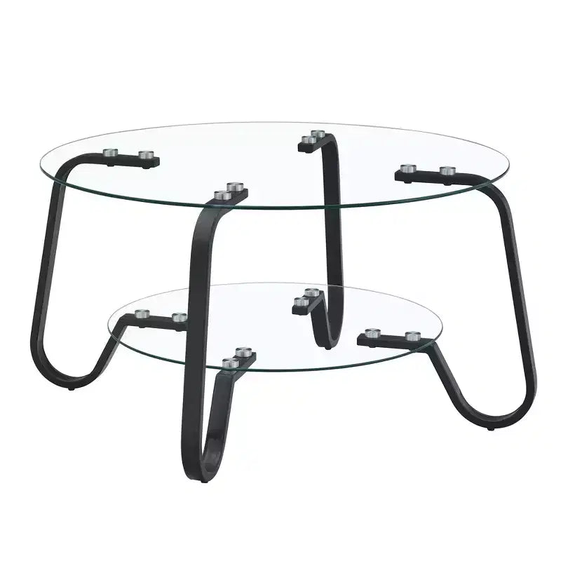 Mesa de centro retro minimalista con estructura de metal y doble capa de vidrio templado, tamaño 31.5x31.5x17.7 pulgadas