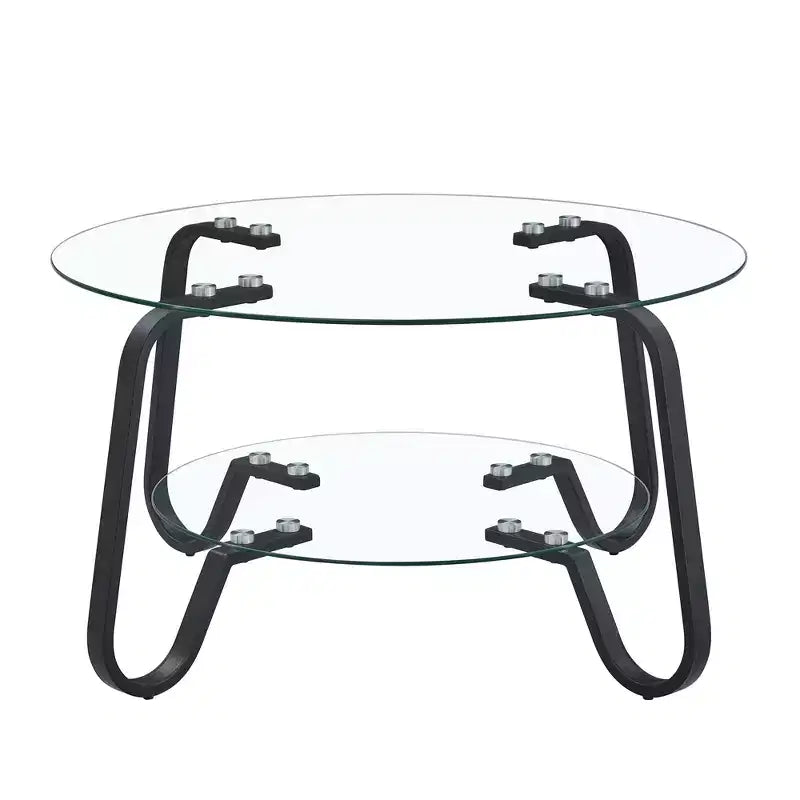Mesa de centro retro minimalista con estructura de metal y doble capa de vidrio templado, tamaño 31.5x31.5x17.7 pulgadas