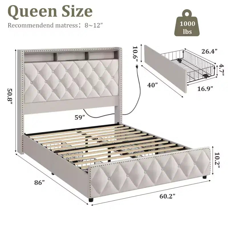Base de cama de plataforma tapizada suave con 4 cajones de almacenamiento - Cabecero alto - Sin ruido - Fácil montaje - No se necesita somier