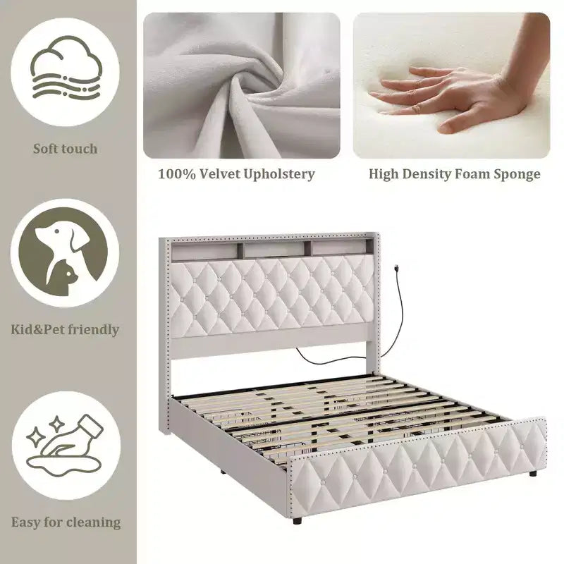 Base de cama de plataforma tapizada suave con 4 cajones de almacenamiento - Cabecero alto - Sin ruido - Fácil montaje - No se necesita somier