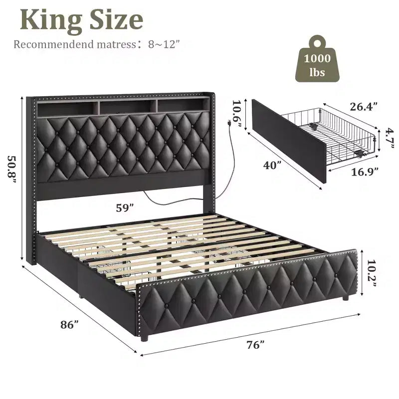 Base de cama de plataforma tapizada suave con 4 cajones de almacenamiento - Cabecero alto - Sin ruido - Fácil montaje - No se necesita somier