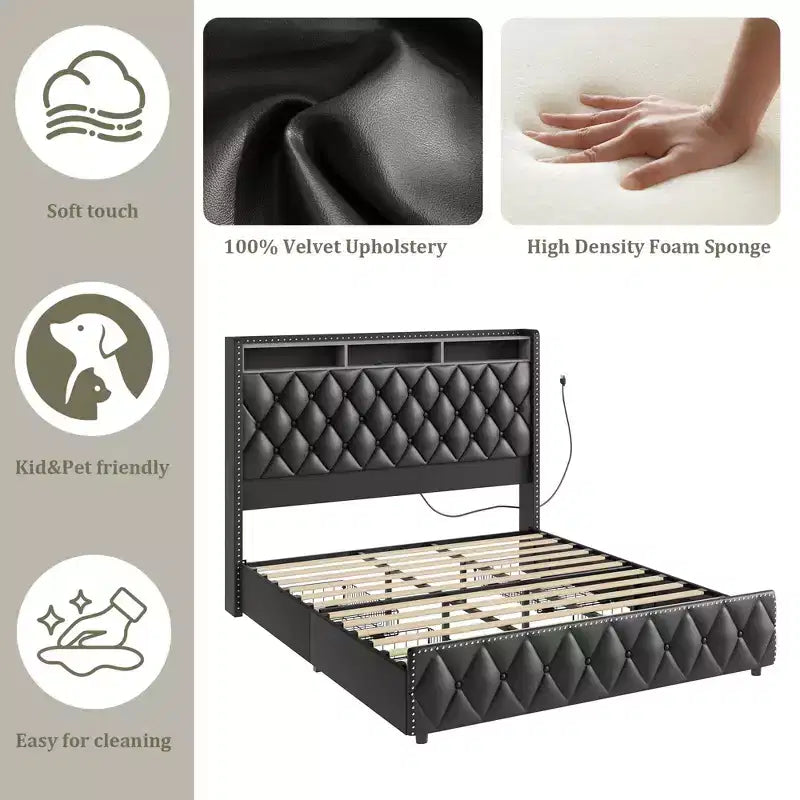 Base de cama de plataforma tapizada suave con 4 cajones de almacenamiento - Cabecero alto - Sin ruido - Fácil montaje - No se necesita somier