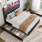 Base de cama de plataforma tapizada suave con 4 cajones de almacenamiento - Cabecero alto - Sin ruido - Fácil montaje - No se necesita somier