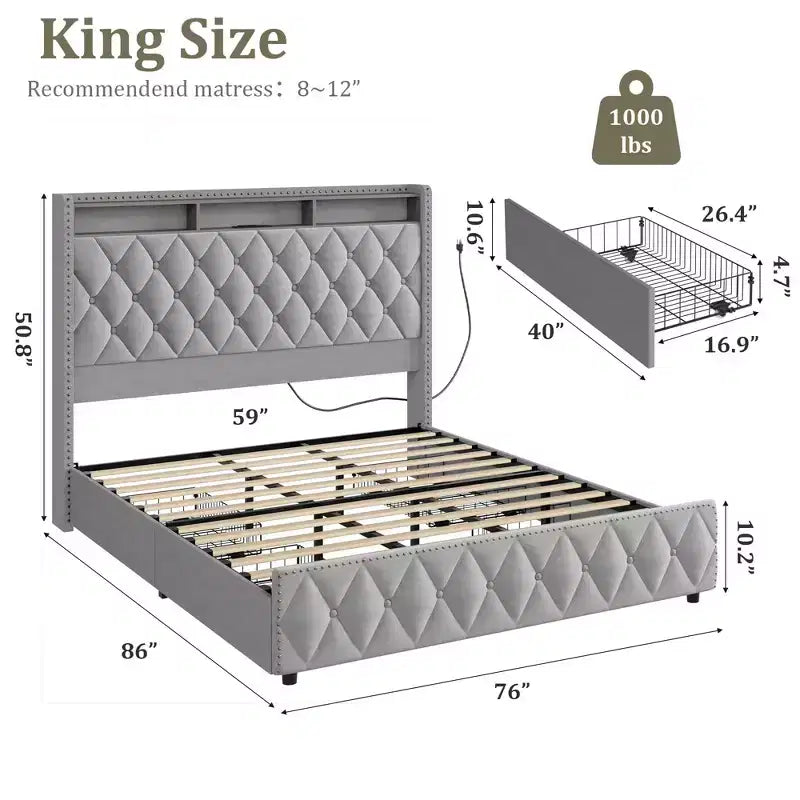 Base de cama de plataforma tapizada suave con 4 cajones de almacenamiento - Cabecero alto - Sin ruido - Fácil montaje - No se necesita somier